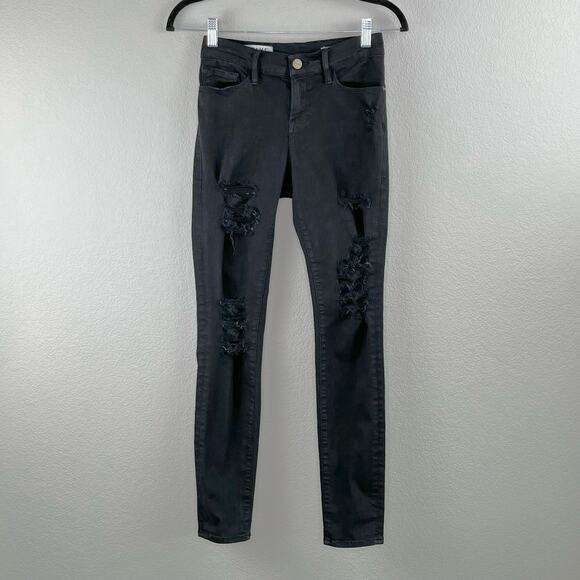 Frame Le Skinny de Jeanne Black Distressed Noir Low Rise Skinny Denim Jeans 24 - Picture 15 of 16